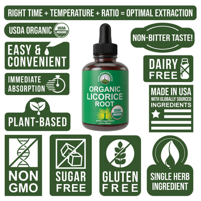 USDA Organic Licorice Root Extract Liquid Drops Supplement. Vegan Tincture for Digestion + Respiratory Health. Extracto de Regaliz Root Oil Herb. Zero Sugar, Gluten Free Supplements for Women and Men - Maple Wellness Supplements