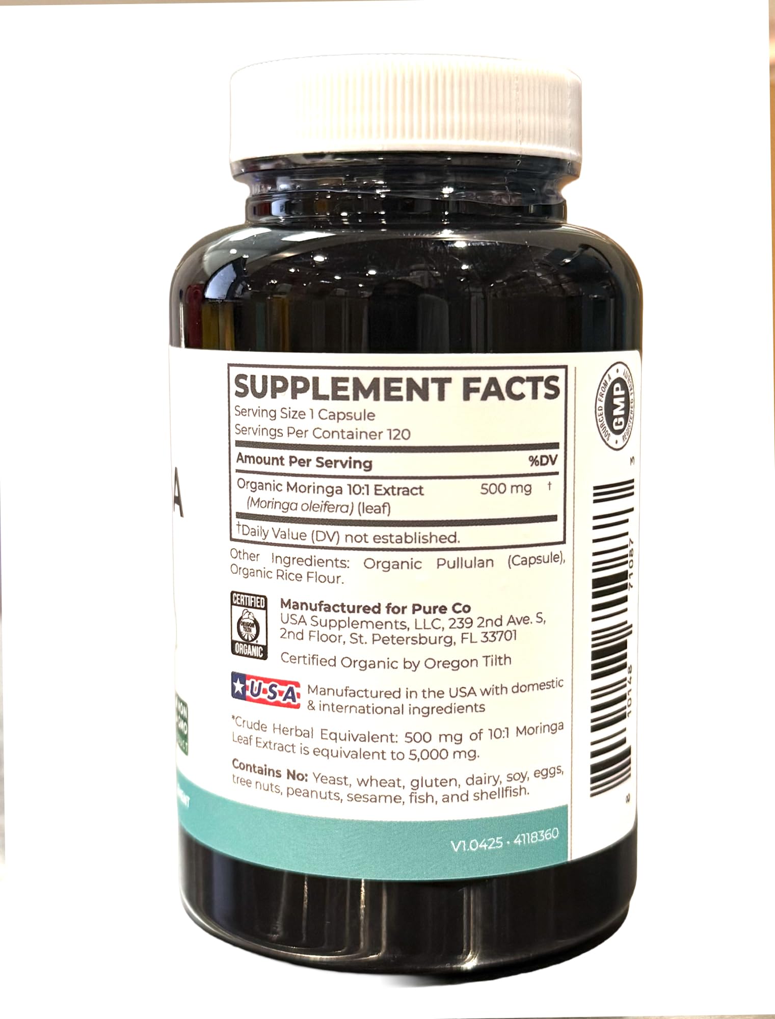 USDA Organic Moringa Capsules - High Potency Organic Moringa 500mg Extract 10:1 Per 1 Capsule Serving - Nutrient Dense Green Superfood Antioxidant - Maple Wellness Supplements