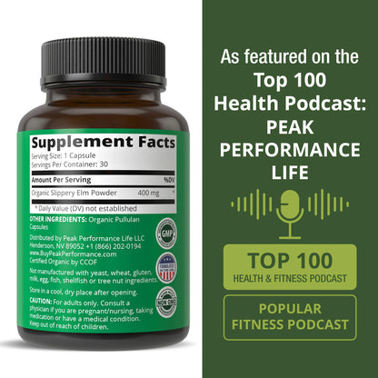 USDA Organic Slippery Elm for Women & Men. Vegan Capsules with Micronized Slippery Elm Bark Powder for Digestion, Bloating Relief, & Gut Lining. Natural Mucilage That Soothes The Throat & Airways - Maple Wellness Supplements