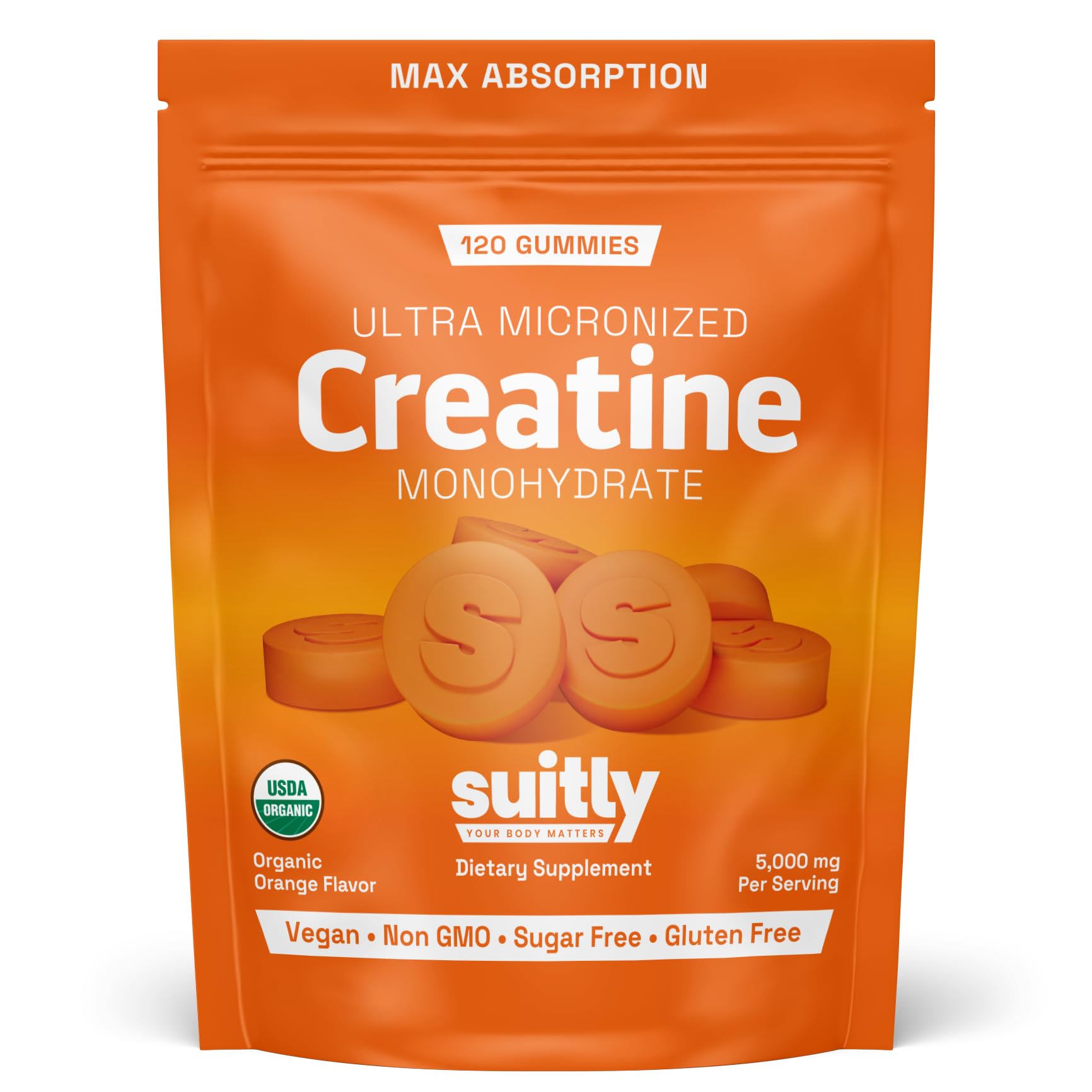 USDA Organic Ultra-Micronized Creatine Gummies for Men & Women; Orange Max Absorption 5g Creatine Gummies Sugar Free for Muscle Gain, Energy & Recovery; Muscle Builder for Women with Pouch - 120 Count - Maple Wellness Supplements