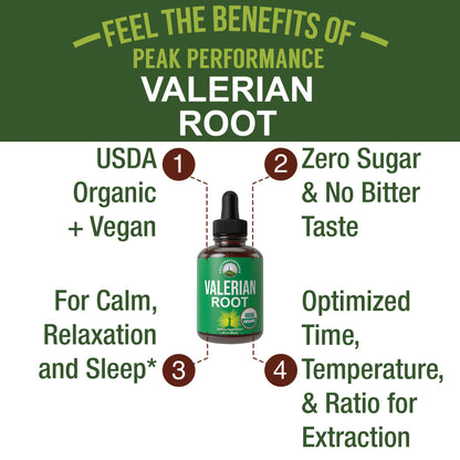 USDA Organic Valerian Root Liquid Drops Supplement. Vegan Extract Tincture for Relaxation, Sleep, Calm. Great Alternative to Valerian Capsules. Zero Sugar, Gluten Free Supplements for Women and Men - Maple Wellness Supplements