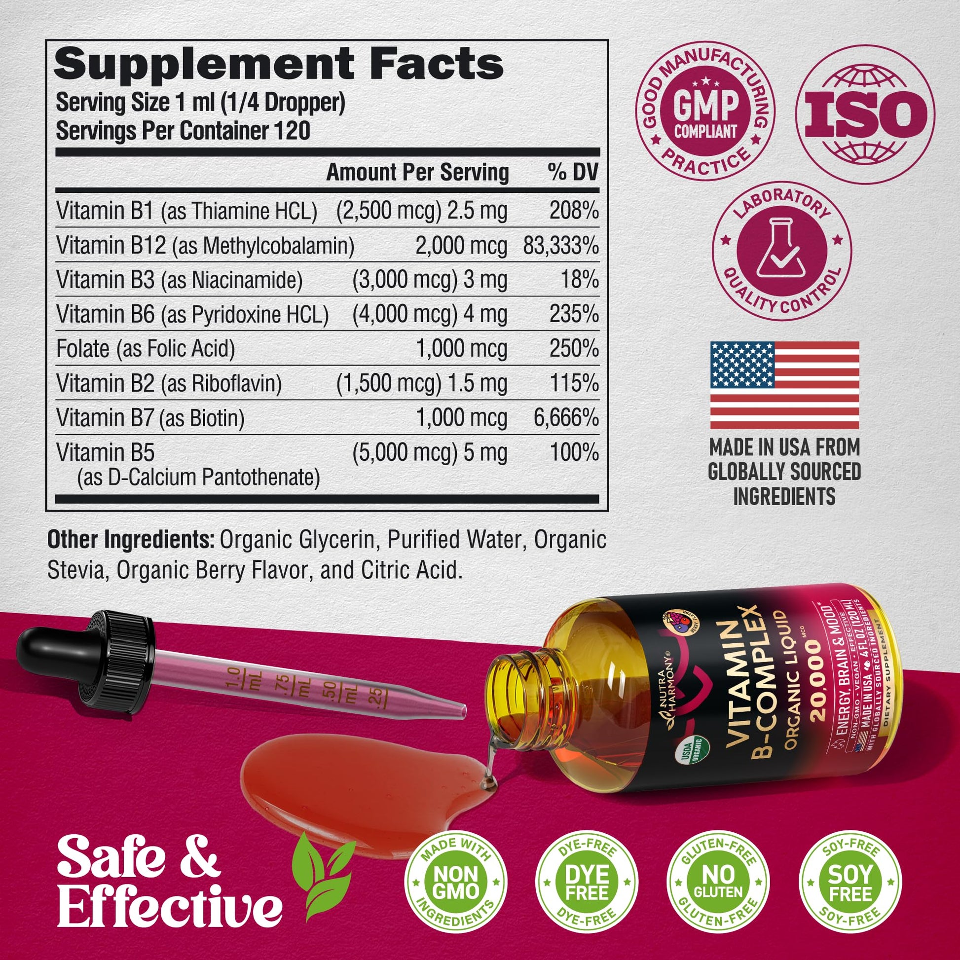 USDA Organic Vitamin B-Complex B5 Pantothenic Acid | B12 Methylcobalamin | B1 Thiamine | B6 Pyridoxine | B7 Biotin | B9 Folic | B3 Niacinamide - Maple Wellness Supplements