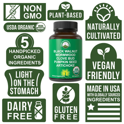 USDA Organic Wormwood Black Walnut Clove Cleanse for Humans. Elimination Detox + Intestinal Support Capsules Supplement for Adults and Kids. Pills with Artichoke and Pumpkin Seed for Added Benefits - Maple Wellness Supplements