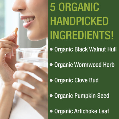 USDA Organic Wormwood Black Walnut Clove Cleanse for Humans. Elimination Detox + Intestinal Support Capsules Supplement for Adults and Kids. Pills with Artichoke and Pumpkin Seed for Added Benefits - Maple Wellness Supplements
