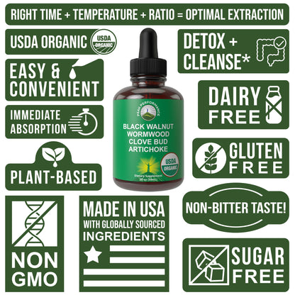 USDA Organic Wormwood Black Walnut Clove Drops Cleanse for Humans. Sugar Free Supplement for Intestinal Cleanse, Detox Support for Adults and Kids. with Artichoke and Clove Bud. Kosher, No GMOs - Maple Wellness Supplements