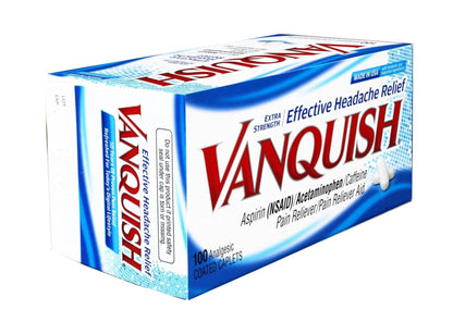 Vanquish Effective Headache Relief – Aspirin (NSAID), Acetaminophen, Caffeine, 100 Analgesic Coated Caplets - 3 Pack - Maple Wellness Supplements