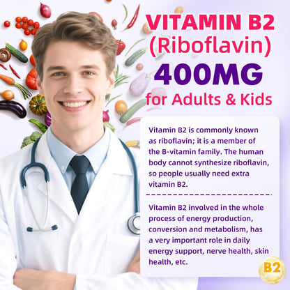 VCCHUYH Vitamin B2 Gummies for Kids & Adults, VIT B2 Riboflavin 400mg Supplement with Magnesium for Migraine Relief & Nervous System Support, Non-GMO, - Maple Wellness Supplements