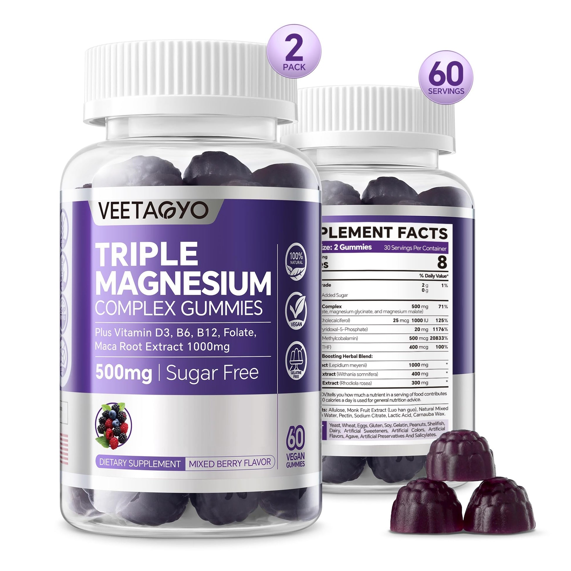 VEETAGYO Magnesium Gummies 500mg 400mg | High Absorption, Bone, Nerves, Muscle | 3 Forms of Magnesium Complex Supplement Glycinate,Taurate,Malate - Maple Wellness Supplements