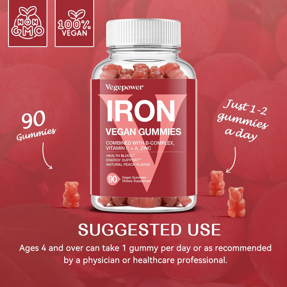 Vegan Iron Gummies Supplement - with Vitamin C, A, B-Complex, Folate, Zinc for Adults & Kids - Health Blood & Energy Support for Iron Deficiency, - Maple Wellness Supplements