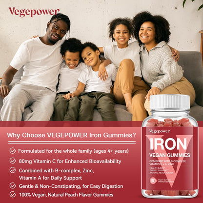 Vegan Iron Gummies Supplement - with Vitamin C, A, B-Complex, Folate, Zinc for Adults & Kids - Health Blood & Energy Support for Iron Deficiency, - Maple Wellness Supplements