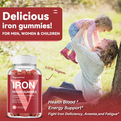 Vegan Iron Gummies Supplement - with Vitamin C, A, B-Complex, Folate, Zinc for Adults & Kids - Health Blood & Energy Support for Iron Deficiency, - Maple Wellness Supplements