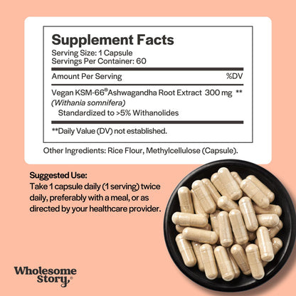 Vegan KSM 66 Ashwagandha Capsules| High Potency 5% Withanolides | Ashwagandha Root Extract Supplements | Ashwagandha 300mg | Stress Management & Well Being Support | 60 Ashwaganda Pills - Maple Wellness Supplements