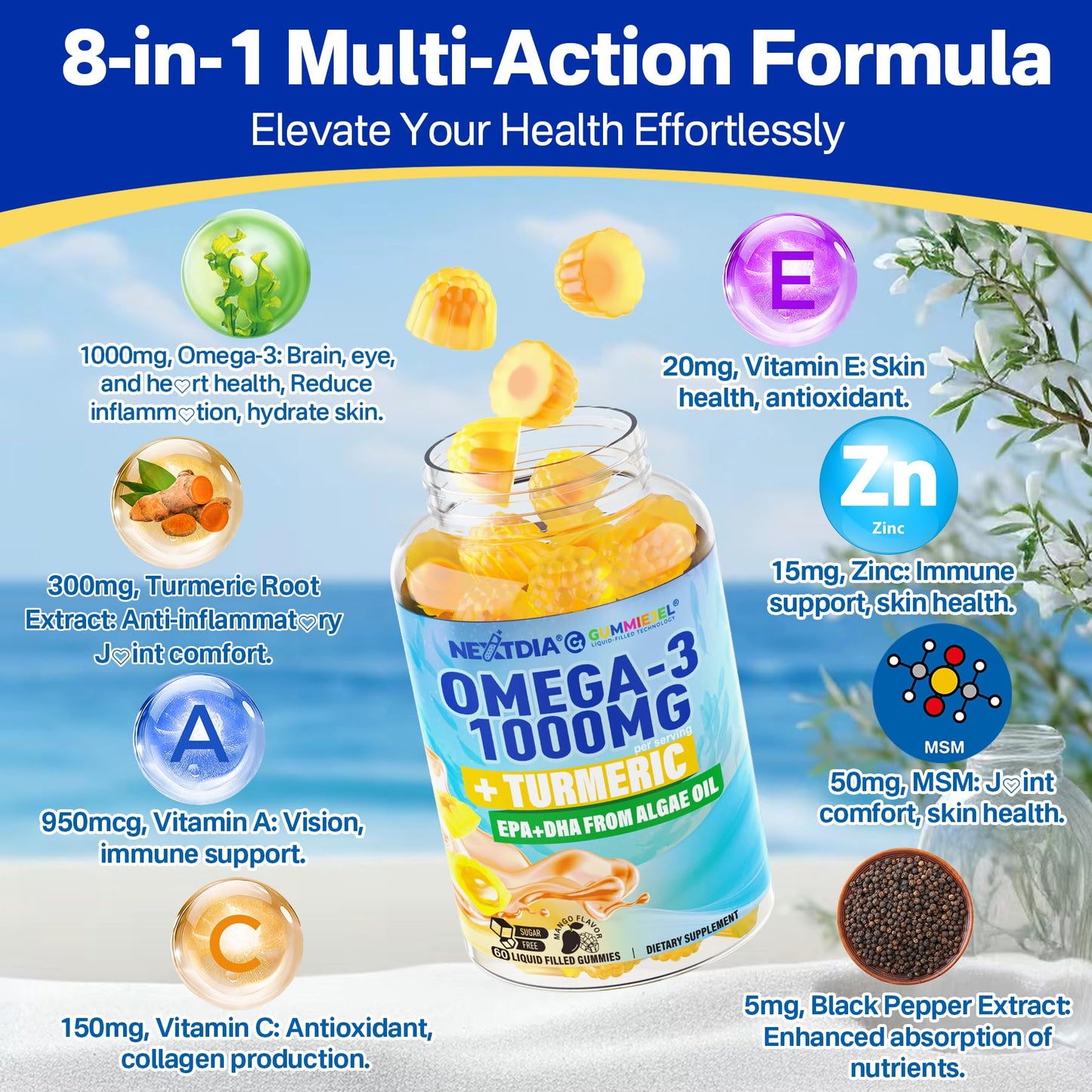 Vegan Omega-3 Gummies 1000mg + Turmeric - Omega 3 Fish Oil Alternative for Adults - Algae DHA 600mg & EPA 300mg - Maple Wellness Supplements