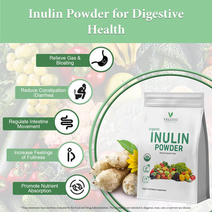 VELOTO Organic Inulin Powder – Prebiotic Fiber Supplement for Smoothies & Drinks, 2.2 lb, Flavorless, Water Soluble, Vegan & Non-GMO - Maple Wellness Supplements