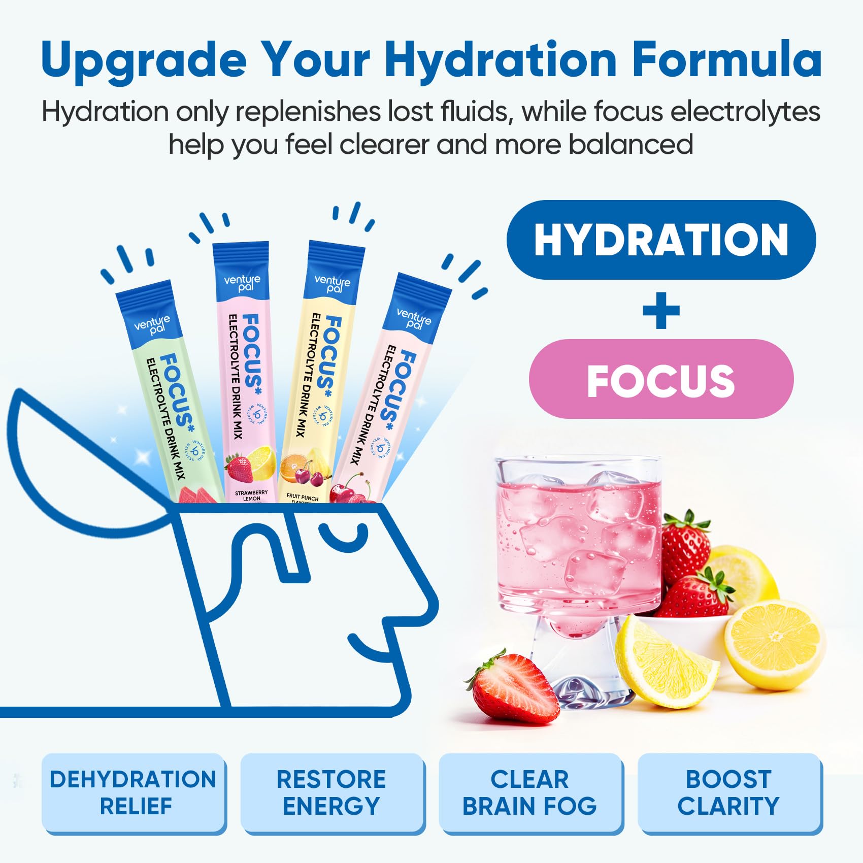 Venture Pal 2-in-1 Hydration Packets + Focus Support Electrolytes Powder, 7 Electrolytes + Vitamins, Magnesium, Lion's Mane & L-Theanine - Maple Wellness Supplements