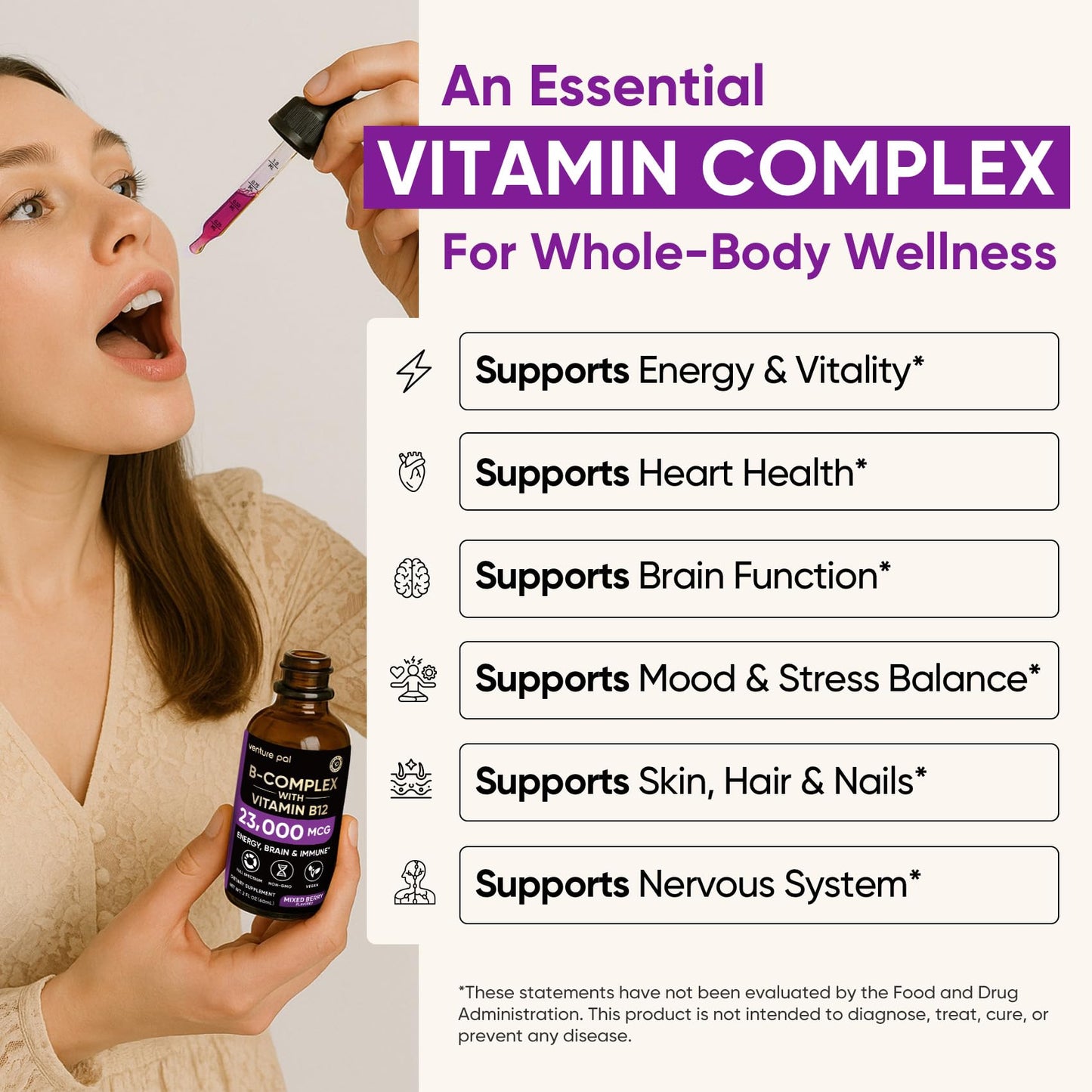 Venture Pal Vitamin B Complex Liquid Drops, B12 Methylcobalamin | B9 Folic | B1,B2,B3,B5,B6,B16 - Vitamin C, Choline, Inositol - Maple Wellness Supplements