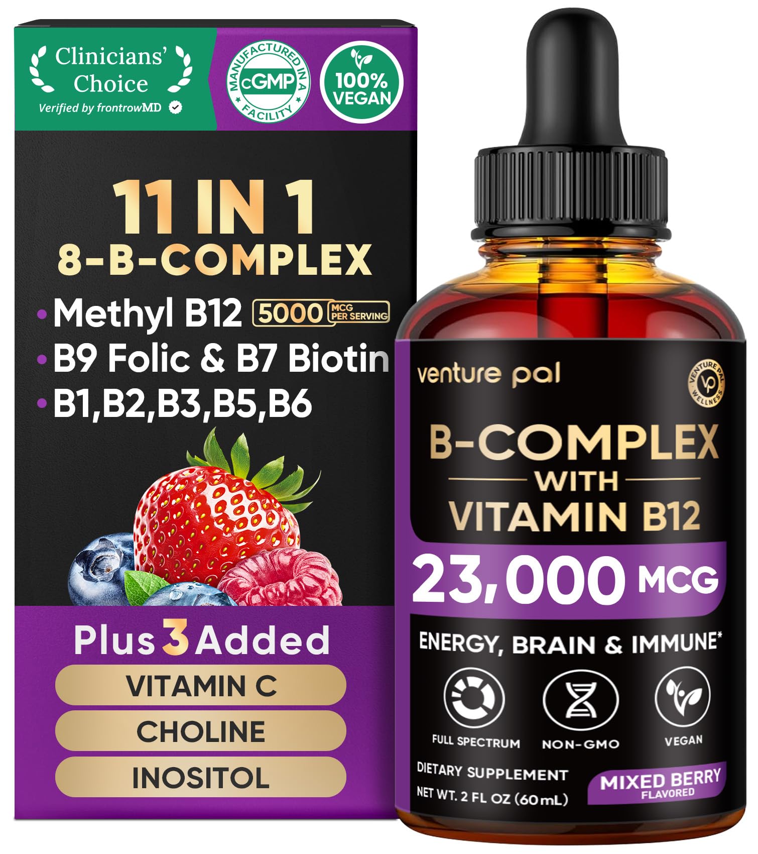Venture Pal Vitamin B Complex Liquid Drops, B12 Methylcobalamin | B9 Folic | B1,B2,B3,B5,B6,B16 - Vitamin C, Choline, Inositol - Maple Wellness Supplements
