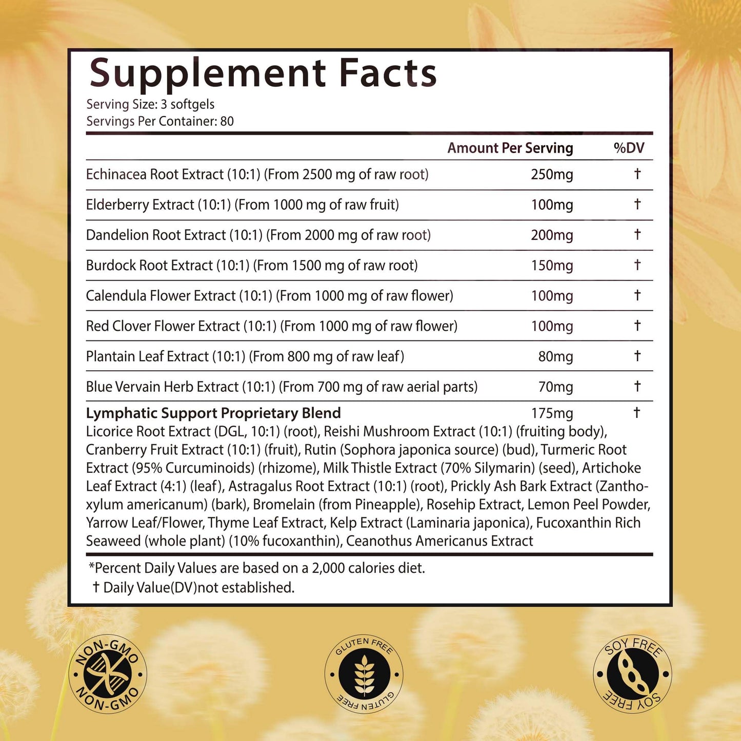 VerdiGusto 10,675mg Lymphatic Supplement | 25-in-1 Blend with Echinacea, Elderberry, Dandelion | 240 Softgels, 80 Day Supply | Lymph System Support | Soy Free, Non-GMO, Gluten Free - Maple Wellness Supplements