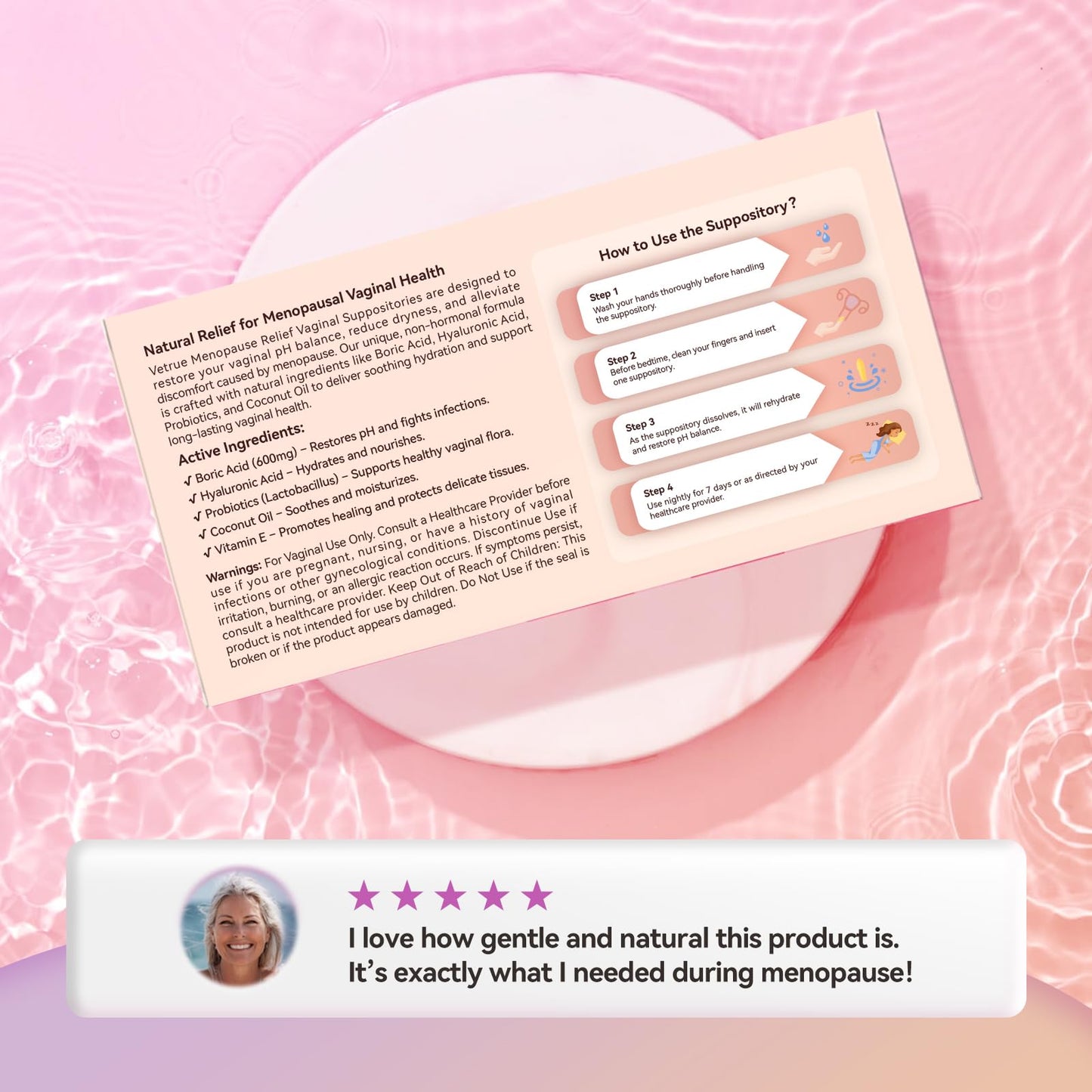 Vetrue Menopause Relief Vaginal Suppositories, Non-Hormonal, All-Natural Formula with Boric Acid, Hyaluronic Acid, Probiotics, Coconut Oil & Vitamin E, Soothes Vaginal Dryness & Discomfort(12 Inserts) - Maple Wellness Supplements