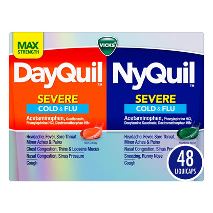 Vicks Dayquil & Nyquil Severe Co-Pack, Cold & Flu Medicine, Powerful Relief For Headache, Fever, Sore Throat, Minor Aches & Pains, Congestion, Sinus Pressure, Stuffy Nose, And Cough, 48 Liquicaps - Maple Wellness Supplements
