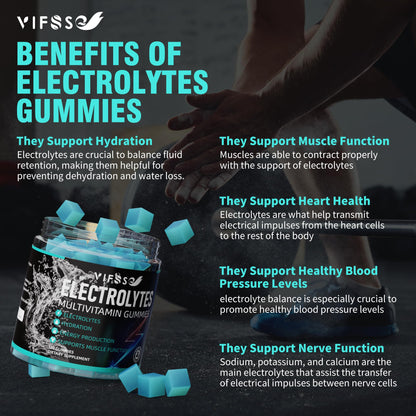 VIFSSG Electrolytes Gummies No Sugar, 120 Chewable Electrolyte Gummies with 6 Electrolytes for Runners and Endurance Sports, Refreshing Blue Raspberry, Hydration Electrolyte Chews, 1 Pack - Maple Wellness Supplements