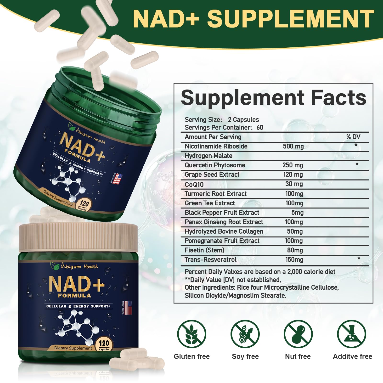 Vikaywoo NAD Supplement 1585 Mg -True NAD & Resveratrol, NMN Alternative Liposomal NAD+ for Women & Men, Support Cellular Health, Stamina & Healthy Aging - 120 Capsules - Maple Wellness Supplements