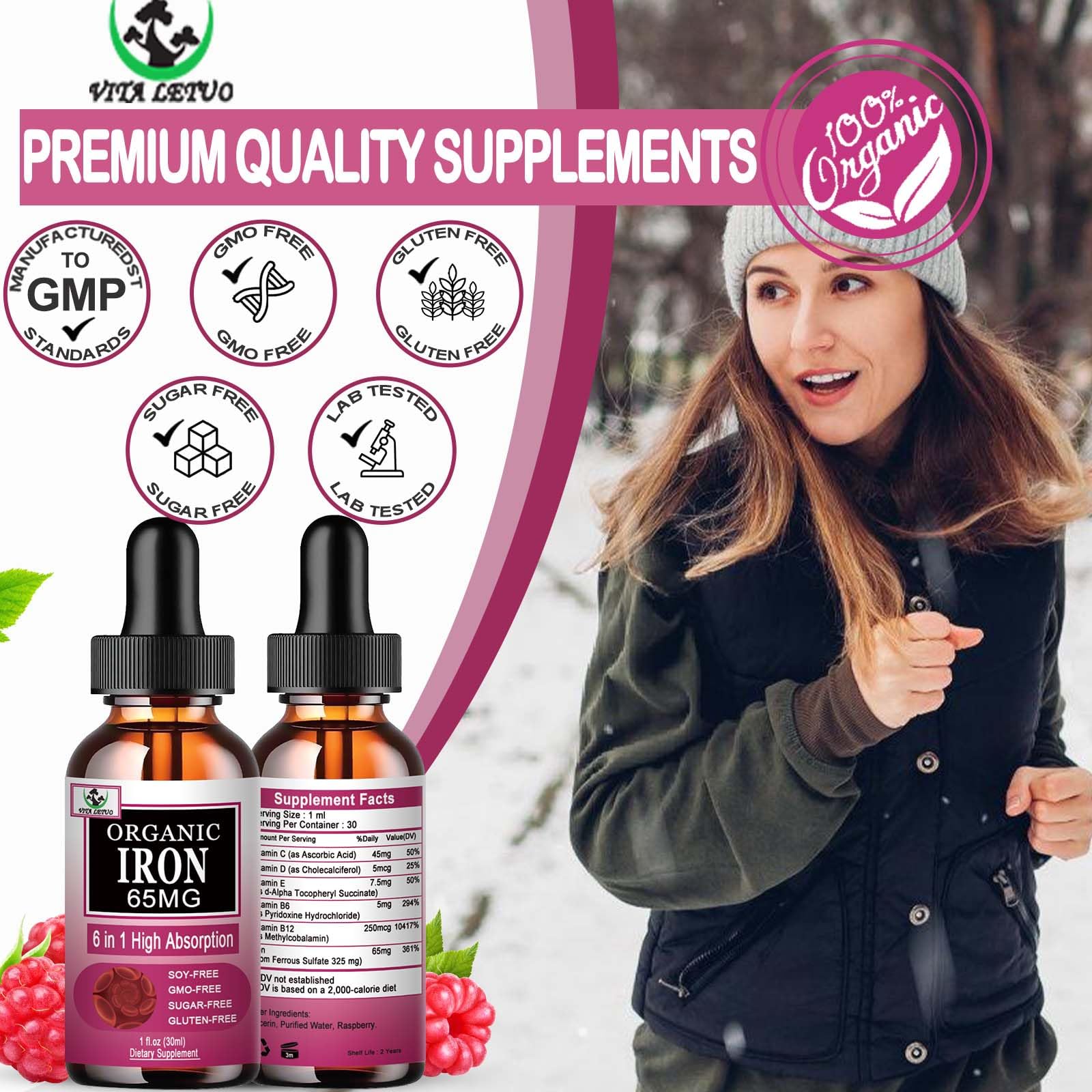 Vita letuo Iron Supplement for Women with Vitamin C,6-in-1 Liquid Supplement w/Vitamin B12,Vitamin B6,High Absorption Liquid Iron Drops for Red Blood Cells - Maple Wellness Supplements