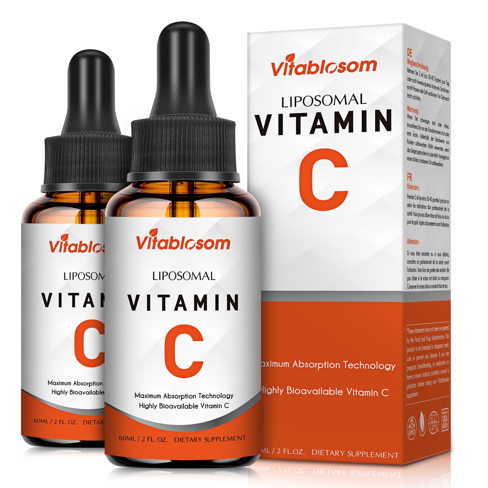 Vitablosom Liposomal Vitamin C 2000mg Liquid for Adults, High Absorption VIT C, Maximize Vitamin C, Immune System & Antioxidant Support, 60ML (2 Bottle) - Maple Wellness Supplements