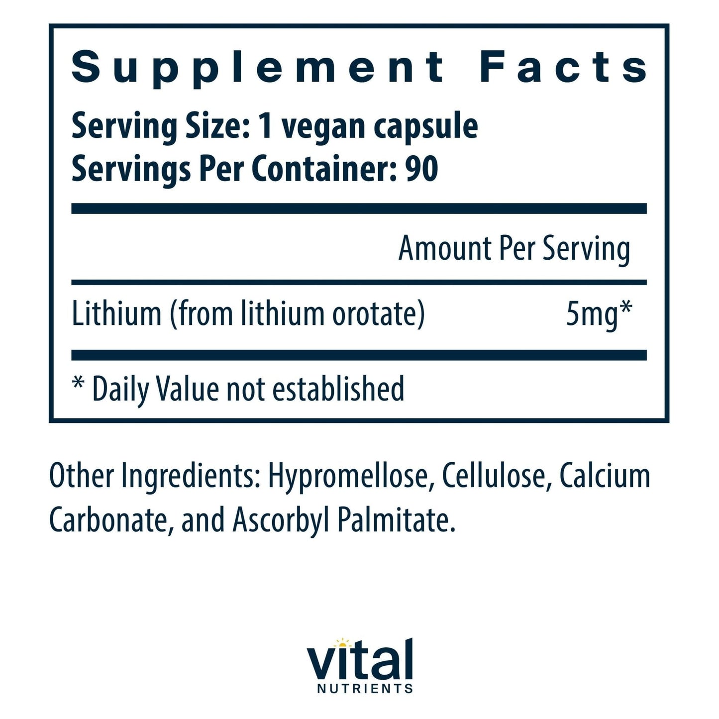 Vital Nutrients Lithium Orotate - Vegan Lithium Supplements for Memory, State of Mind, and Behavioral Health*- 5mg - Gluten, Dairy, Soy Free - 90 Capsules - Maple Wellness Supplements