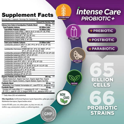 Vital Planet - Intense Care Colon & Constipation Probiotics, Prebiotics, Postbiotics, Parabiotics, 4-in-1 Refrigerated Supplement for Adults, 65 Billion CFU, 66 Strains, Digestive and Immune, 30 ct - Maple Wellness Supplements