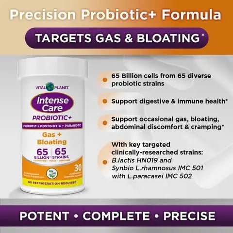 Vital Planet - Intense Care Gas & Bloating Probiotics Plus Organic Prebiotics, Postbiotics, Parabiotics, Complete 4-in-1 Supplement for Adults, 65 Billion CFU, 65 Strains, Digestive and Immune 30 ct - Maple Wellness Supplements