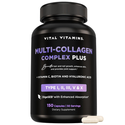 Vital Vitamins Multi Collagen Complex Plus - with Biotin, Hyaluronic Acid, Vitamin C - Type I, II, III, V, X - for Women & Men - Hair, Skin - Maple Wellness Supplements