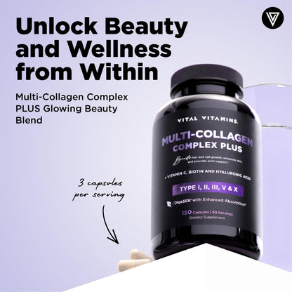 Vital Vitamins Multi Collagen Complex Plus - with Biotin, Hyaluronic Acid, Vitamin C - Type I, II, III, V, X - for Women & Men - Hair, Skin - Maple Wellness Supplements