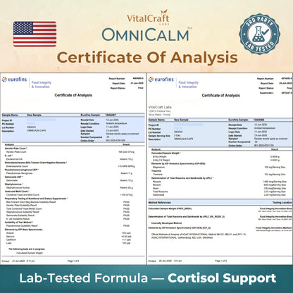 VITALCRAFT LABS OmniCalm Cortisol Supplements for Women & Men | Stress Relief & Sleep Support with Magnesium & Ashwagandha, L Theanine | 14-in-1 Cortisol Reducer, Manager, Detox – USA - Maple Wellness Supplements