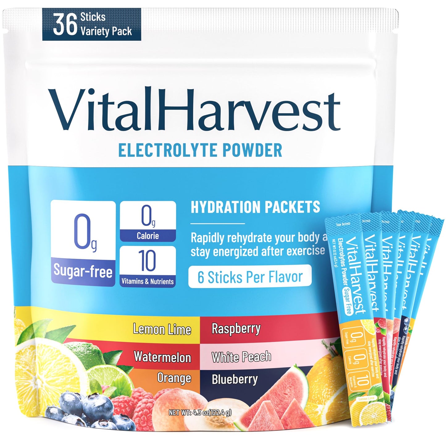 VitalHarvest 36 Sticks Electrolytes Powder Packets 6 Flavors Sugar Free Hydration Packets Electrolyte Liquid Daily IV Drink Mix with Lemon Lime, Watermelon, Orange - Maple Wellness Supplements