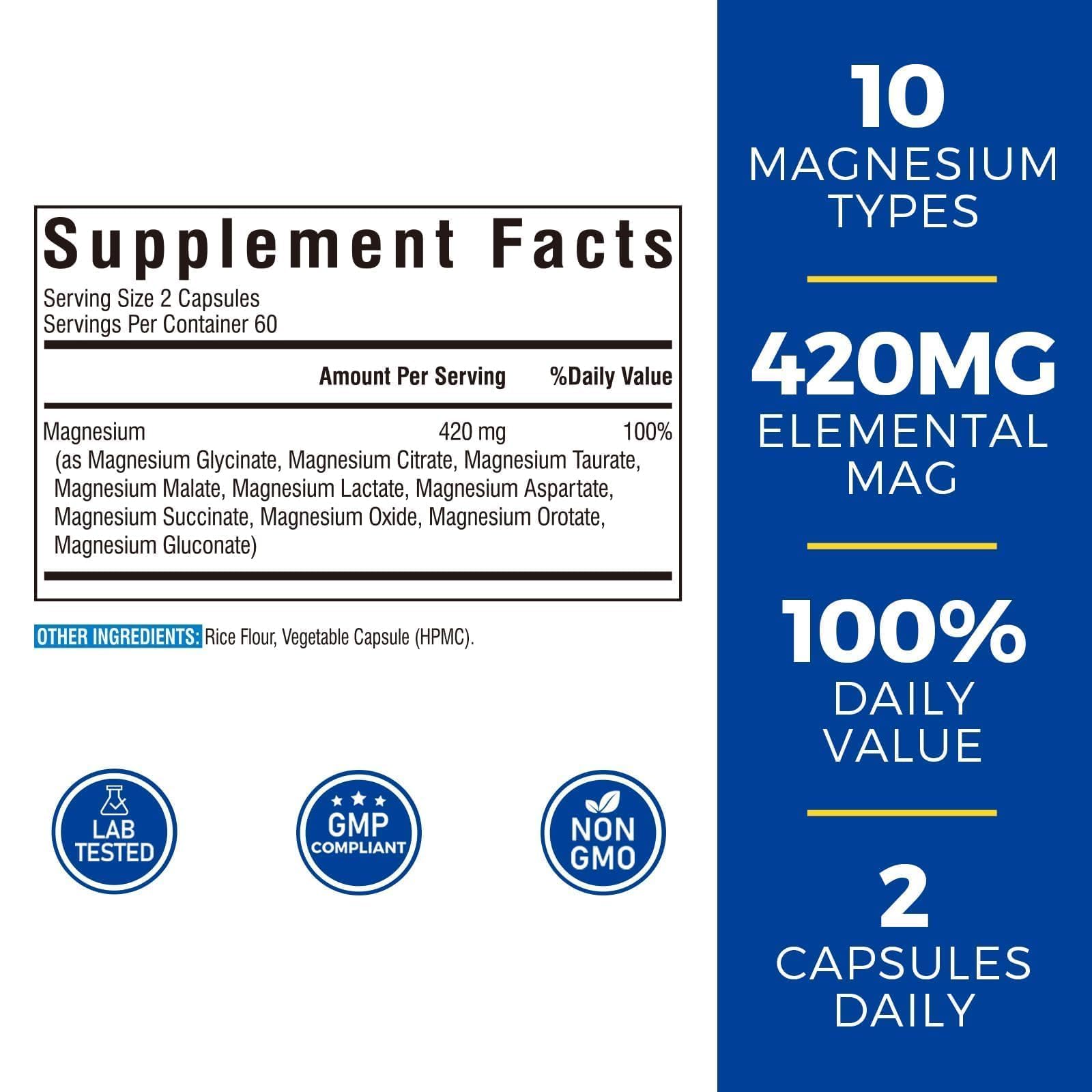 Vitalibre 10 in 1 Magnesium Complex, 420mg Elemental Magnesium | Ultra Strength, Max Absorption | Chelated Magnesium Supplement for Nerves, Bone & Heart Health | Non-GMO, 120 Vegan Capsules - Maple Wellness Supplements
