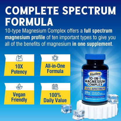 Vitalibre 10 in 1 Magnesium Complex, 420mg Elemental Magnesium | Ultra Strength, Max Absorption | Chelated Magnesium Supplement for Nerves, Bone & Heart Health | Non-GMO, 120 Vegan Capsules - Maple Wellness Supplements