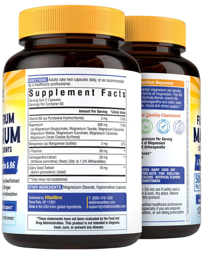 Vitalibre Magnesium Complex Supplement 500mg + Ashwagandha, L-Theanine, Vitamin B6 & Celery, High Absorption Magnesium Glycinate, Citrate, Malate, Sleep & Bone Support, 120 Vegan Capsules - Maple Wellness Supplements