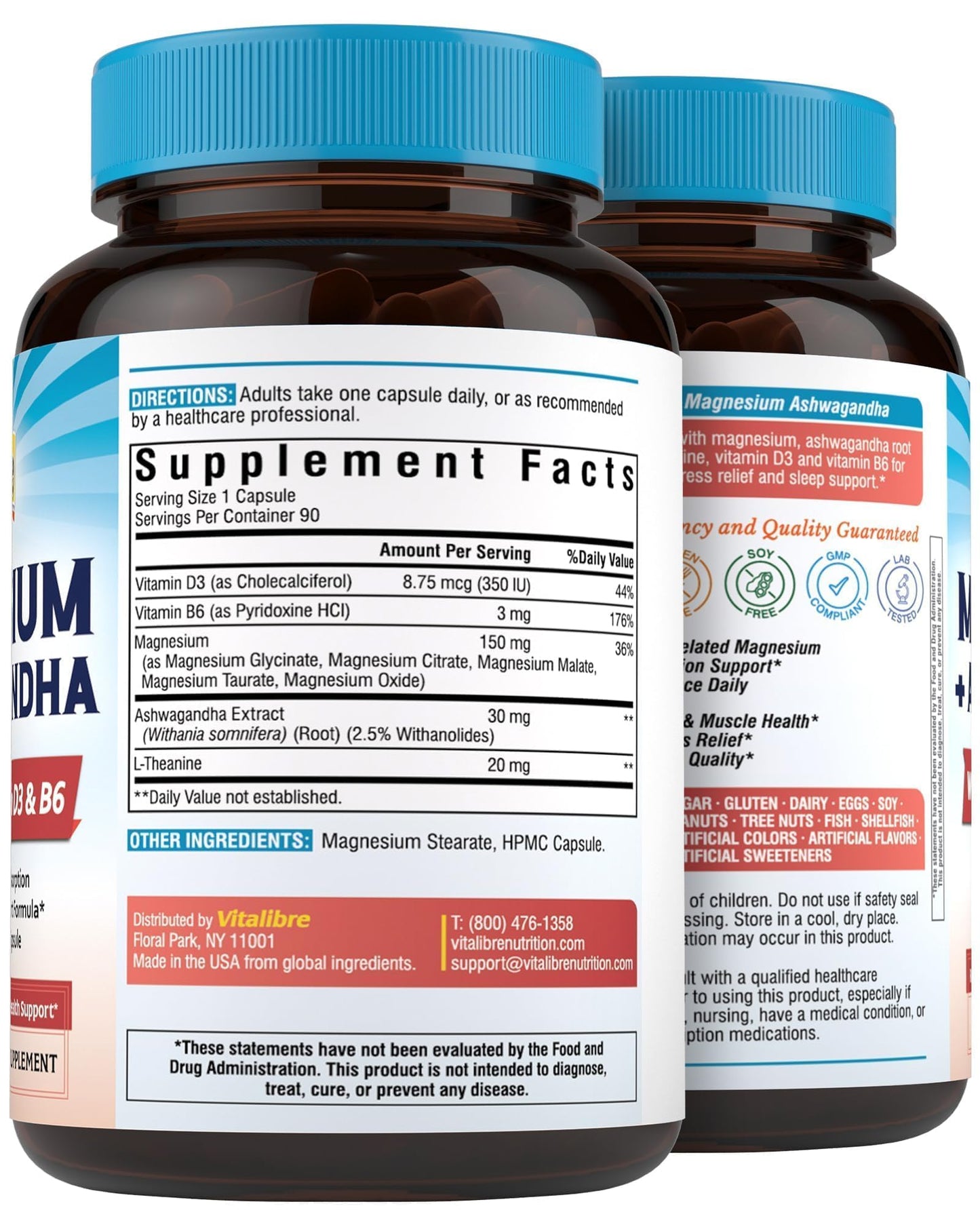 Vitalibre Magnesium Complex with Ashwagandha & L-Theanine - Stress Relief, Bone & Relaxation Support - w/Vitamin D3, B6 - Glycinate, Citrate, Malate, Taurate - 90 Vegan Capsules, Non-GMO, Gluten Free - Maple Wellness Supplements