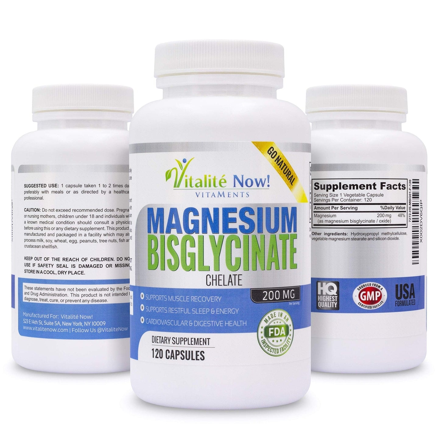 Vitalité Now! Magnesium Bisglycinate 200mg - 100% Chelated Capsules for Superior Absorption - Gentle Formula, No Laxative Effect - Sleep Energy Cramps Muscle Support - Fully Reacted & Buffered - Maple Wellness Supplements
