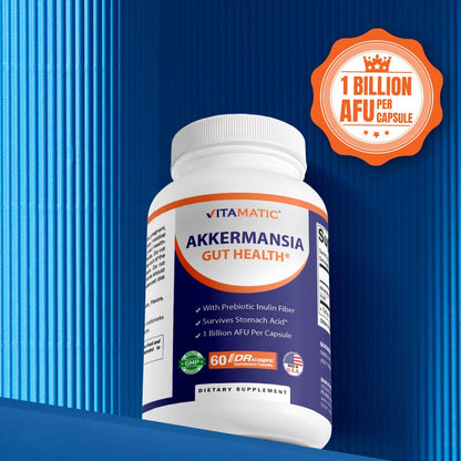 Vitamatic Akkermansia Muciniphila Gut Health - 60 DR Capsules (Delayed Released) - Made with Prebiotic Inulin Fiber - Maple Wellness Supplements
