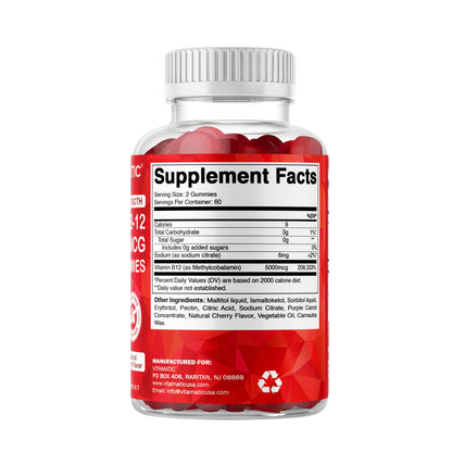Vitamatic Extra Strength Vitamin B12 5000 mcg (Methyl B12) Gummies - 120 Count - Energy Metabolism Support and Nervous - Maple Wellness Supplements