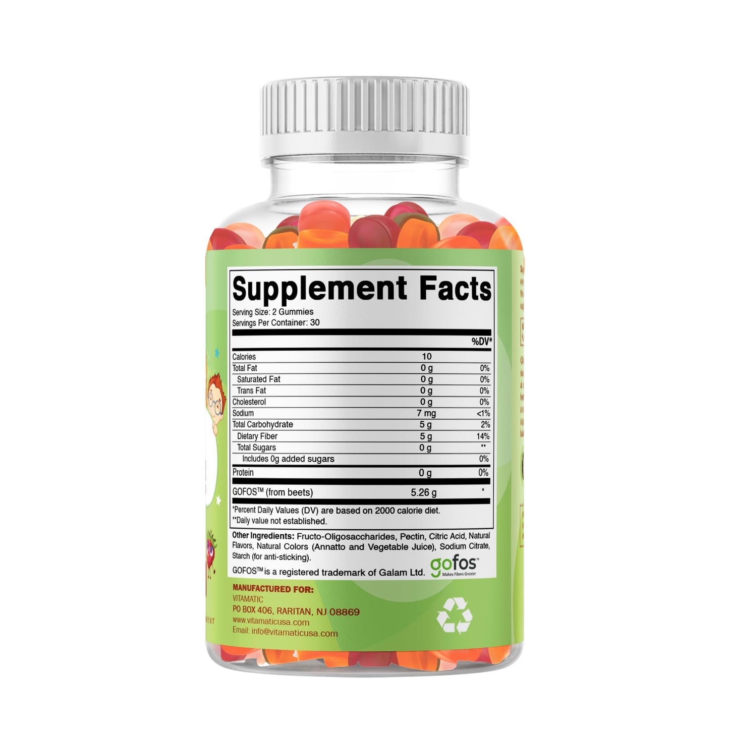 Vitamatic Kids Prebiotic Fiber Gummies – Extra Strength 4g Fiber – Zero Sugar Added – 60 Pectin-Based Gummies – Digestive Health & Regularity Support - Maple Wellness Supplements