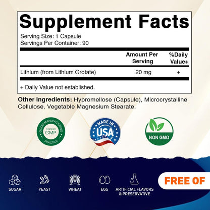 Vitamatic Lithium Orotate 20mg, 90 Capsules - Veggie Caps, Non-GMO, Gluten Free - Maple Wellness Supplements