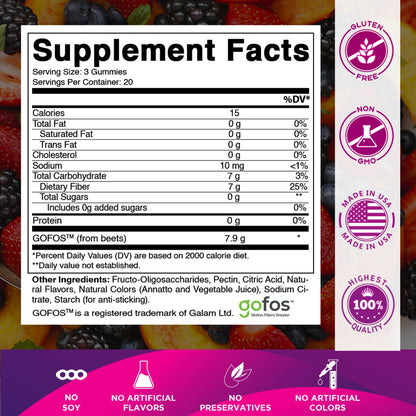 Vitamatic Prebiotic Fiber Gummies for Adults – 2 Pack (Total 120 Gummies) 7g Fiber per Serving | Extra Strength | Zero Sugar Added | Pectin-Based - Maple Wellness Supplements