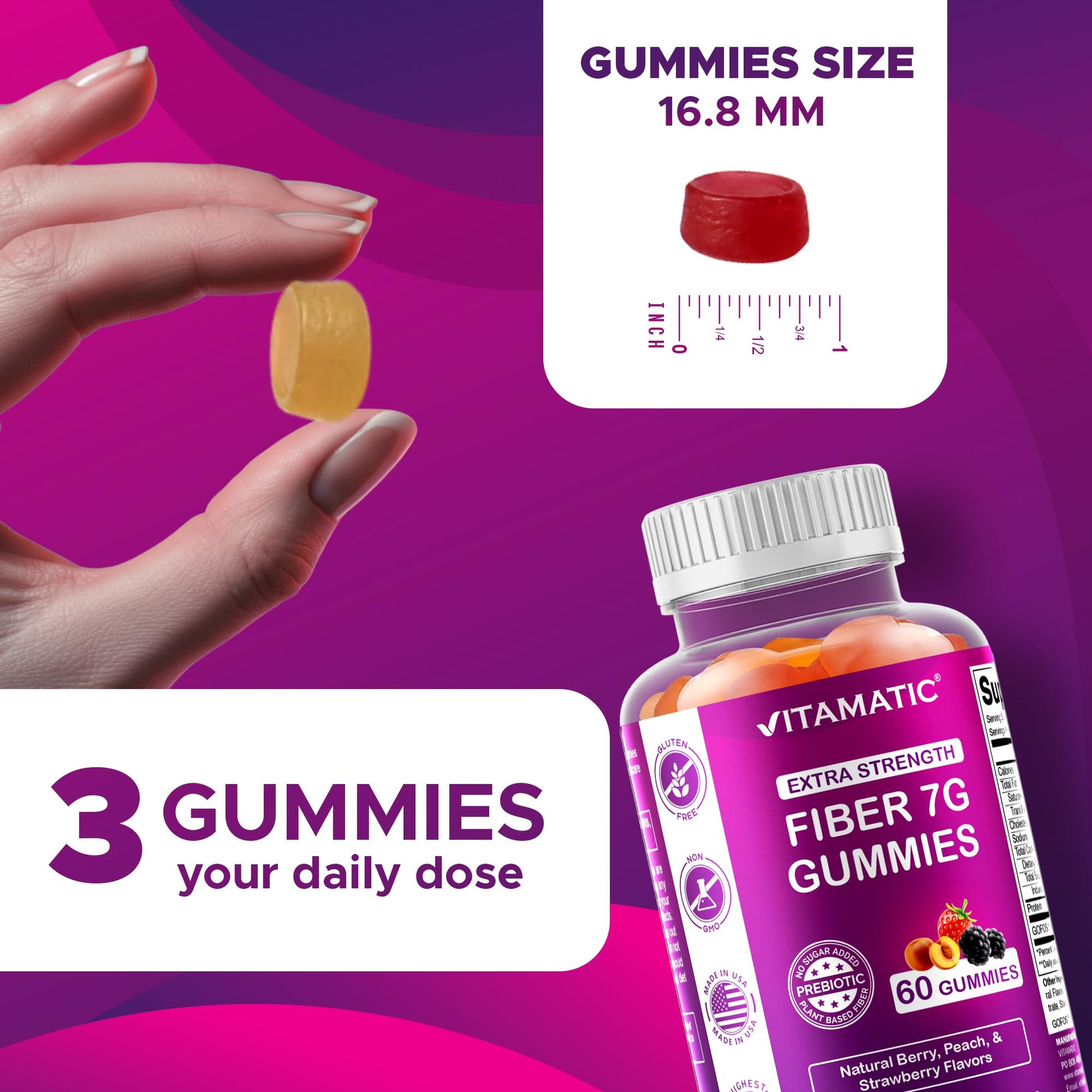 Vitamatic Prebiotic Fiber Gummies for Adults – 2 Pack (Total 120 Gummies) 7g Fiber per Serving | Extra Strength | Zero Sugar Added | Pectin-Based - Maple Wellness Supplements