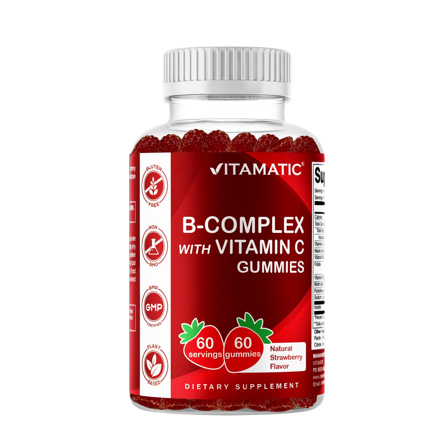 Vitamatic Vitamin B Complex Gummies with Vitamin C & Inositol - Natural Strawberry Flavor - 60 Gummies (1 Bottle) - Maple Wellness Supplements
