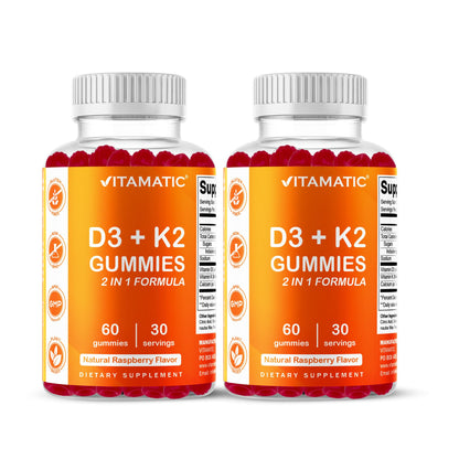 Vitamatic Vitamin D3 & K2 Gummies (2-Pack, 60 Count) Supports Healthy Bones, Heart Health, Calcium Absorption, - Maple Wellness Supplements