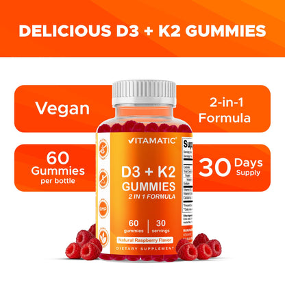 Vitamatic Vitamin D3 & K2 Gummies (2-Pack, 60 Count) Supports Healthy Bones, Heart Health, Calcium Absorption, - Maple Wellness Supplements