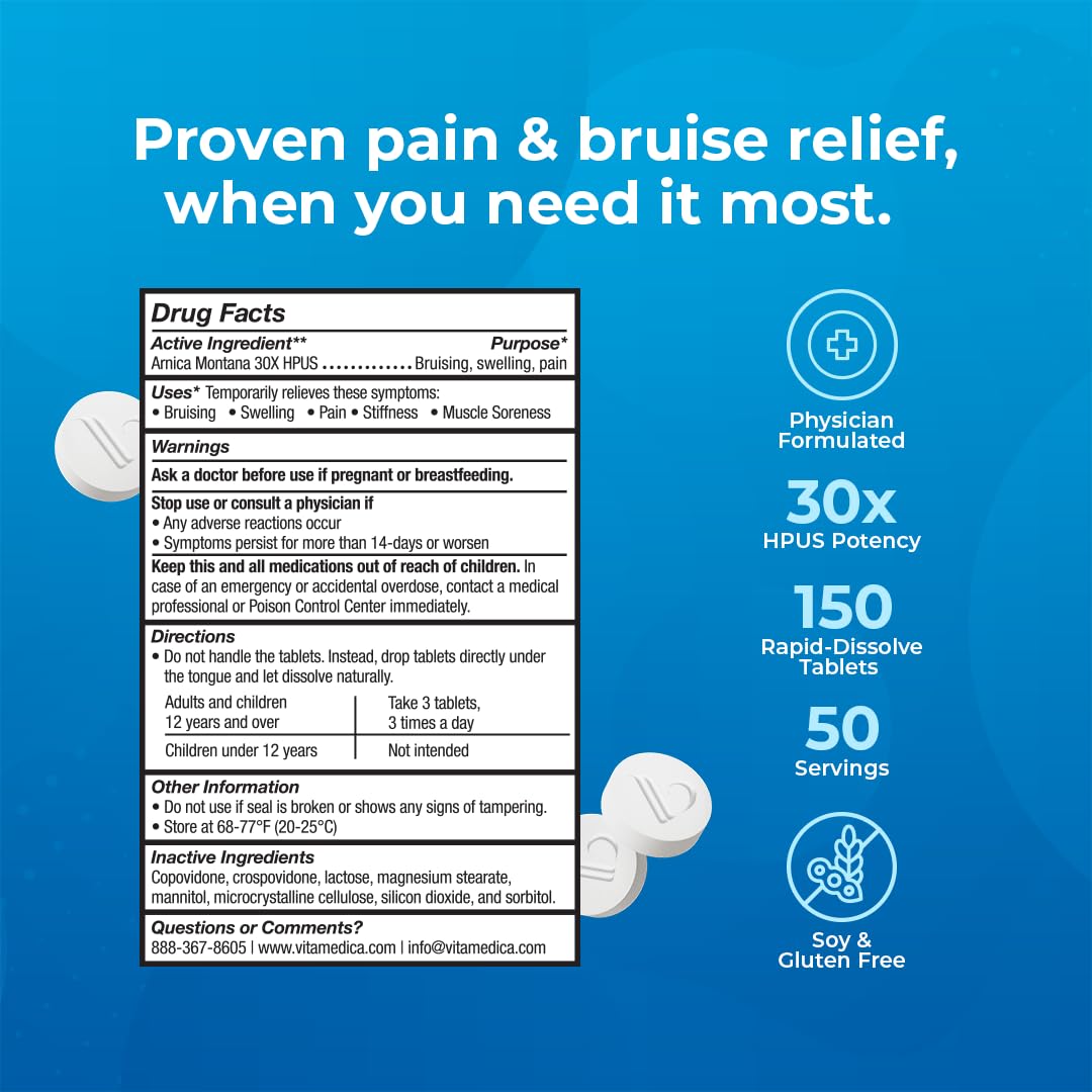 VitaMedica Arnica Montana 30X Homeopathic Tablets for Bruising Pain and Swelling | Plant Based Formula | Recommended by Plastic Surgeons | Natural Recovery Surgery Or Injury | 3 Pack | 150 Servings - Maple Wellness Supplements